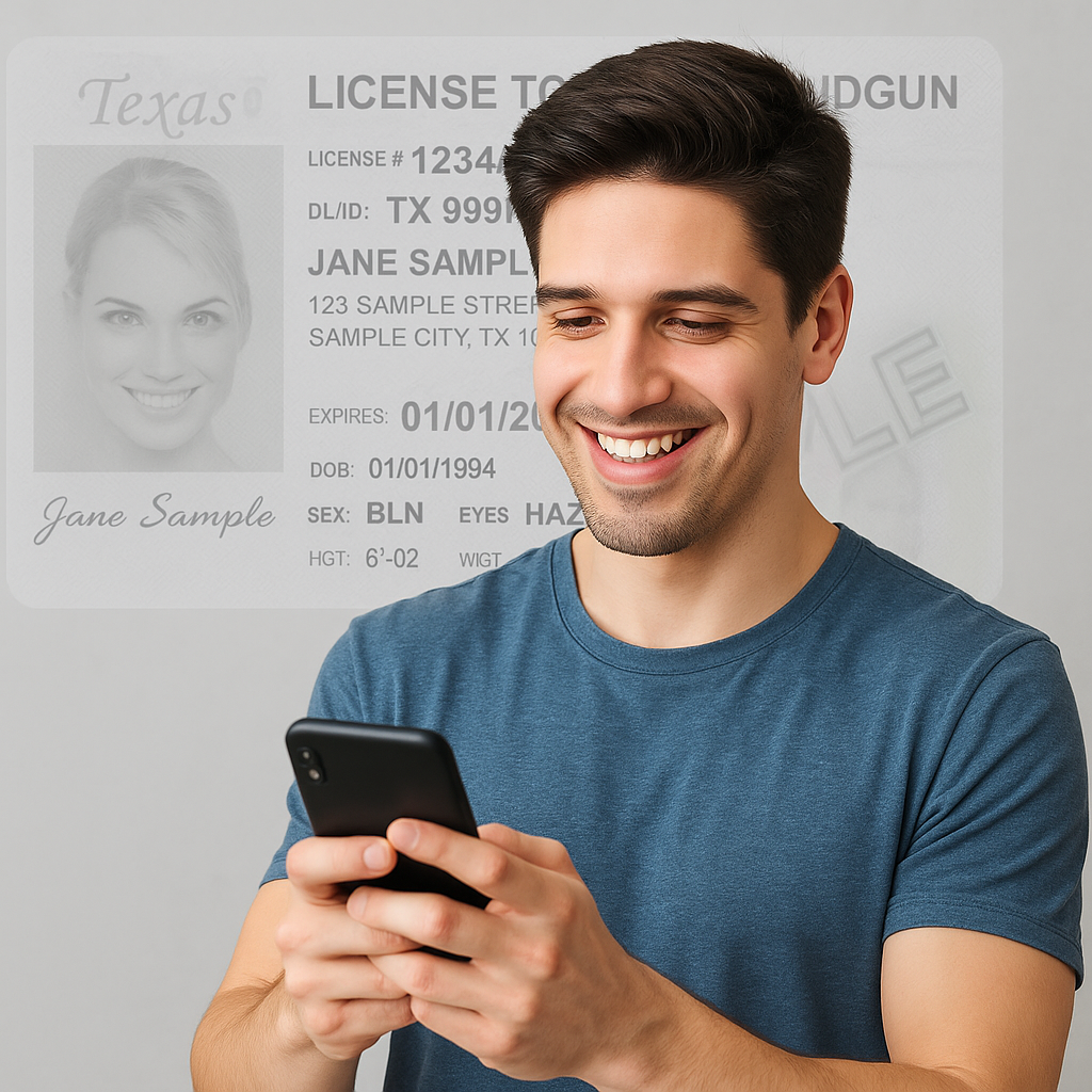 Student smiling while looking at their phone with a faint LTC card in the background