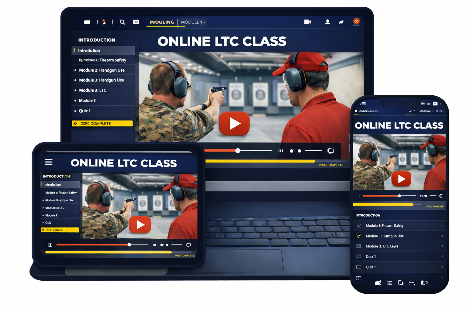 Online LTC course shown on laptop, tablet, and phone