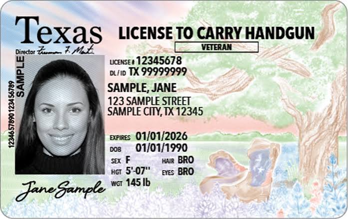 Sample Texas License to Carry handgun license